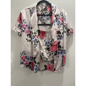 Victoria Secret 2Piece Pink Stripe Floral Satin Pajama Set SzS ShortsButtons